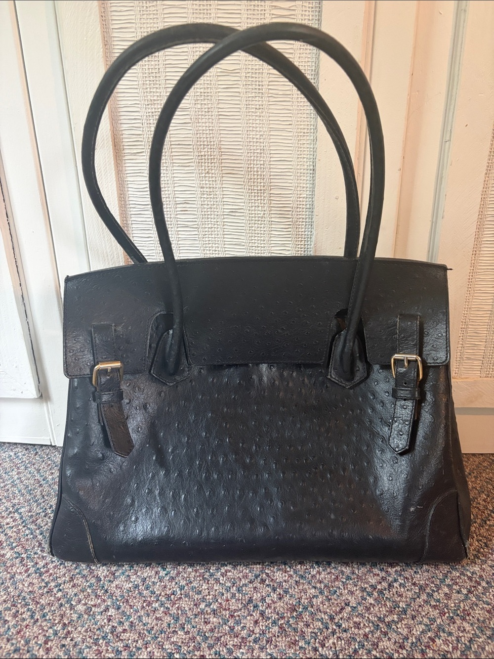 Marina rinaldi Black Women's Tote Bag - Sculpted Ostrich-Texture Shoulder Bag
